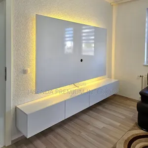 Floating TV Wall Unit White Design | LED Lights Premium