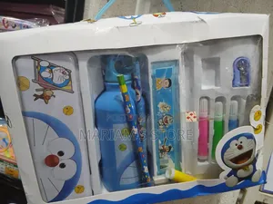 Cartoon-Themed Stationery Set With Metal Pencil Box an Water Bottle.