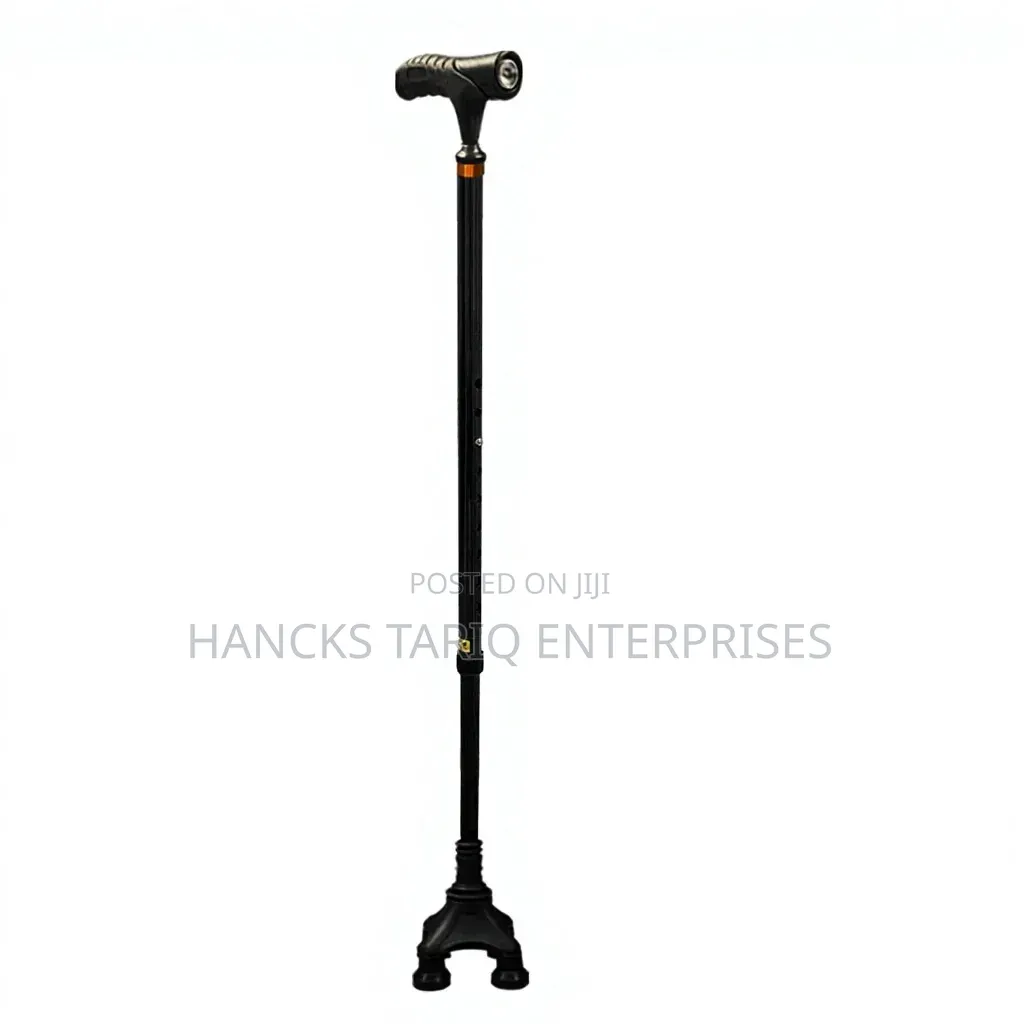 Quad-Base Adjustable Walking Cane With an Integrated LED Flashlight.