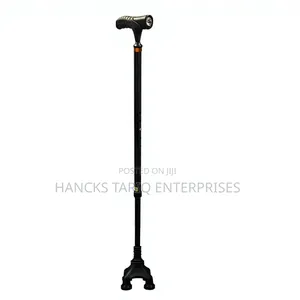 Quad-Base Adjustable Walking Cane With an Integrated LED Flashlight.