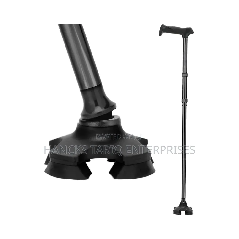 Quad-Base Adjustable Walking Cane With an Integrated LED Flashlight.