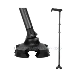 Quad-Base Adjustable Walking Cane With an Integrated LED Flashlight.