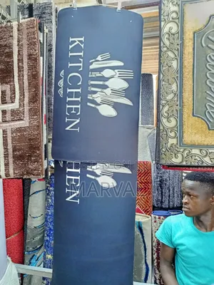 Kitchen Runner Rug Features White Cutlery Icons and Text.