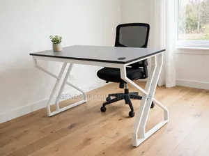 Modern Office Desk Table 120cm With Cable Hole - White Metal Frame
