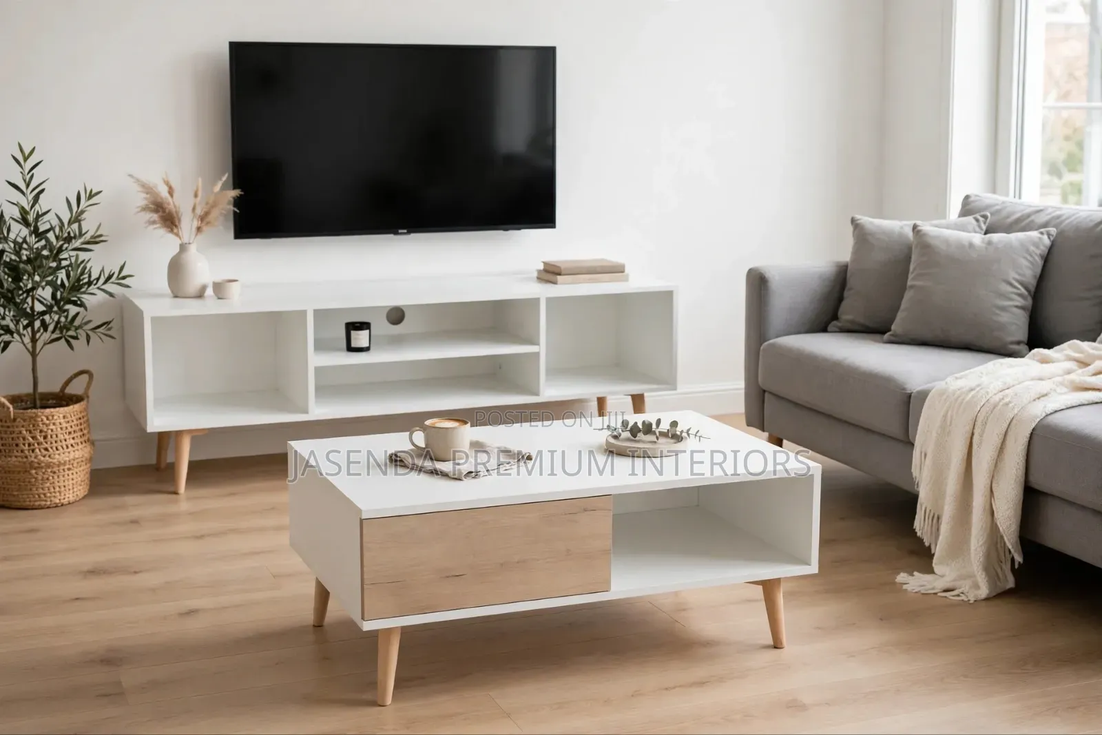 Modern Living Room Set - White TV Stand + Coffee Table With Drawer