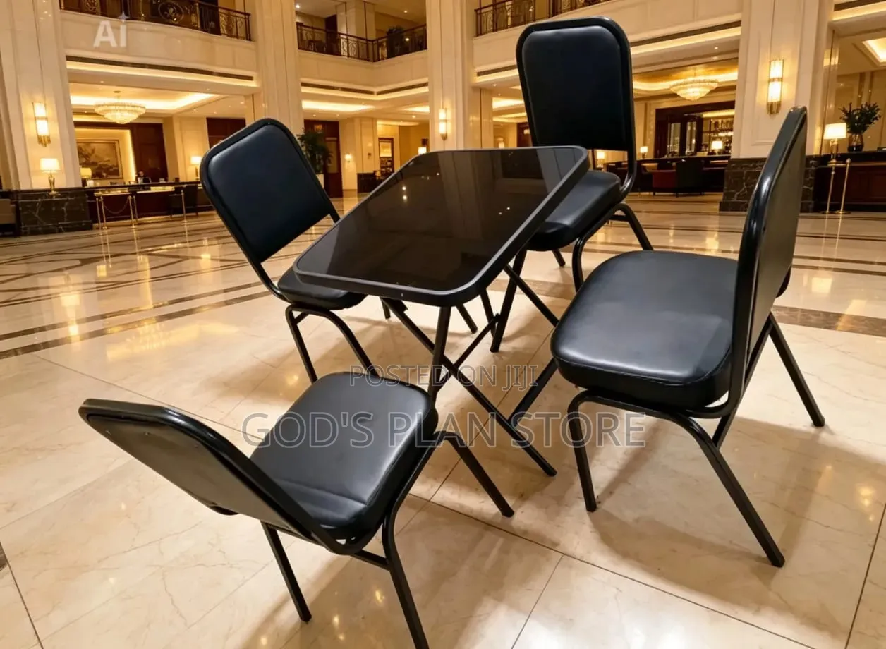 Black Folding Glass Table With 4 Leather Chairs for Dining Room