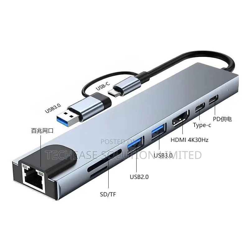 8-in-1 USB-C Hub, Hdmi, Lan, Pd, Sd/Tf, USB 3.0 Adapter