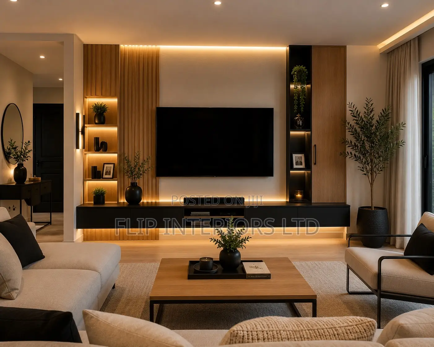 Warm White, Oak Wood Black Accent Interior Design