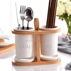 Kitchen Counter 2-Piece Ceramic Silverware Caddy With Bamboo Holder