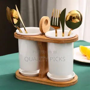 Kitchen Counter 2-Piece Ceramic Silverware Caddy With Bamboo Holder