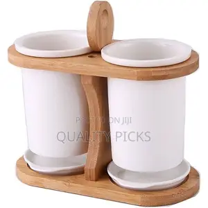 Kitchen Counter 2-Piece Ceramic Silverware Caddy With Bamboo Holder