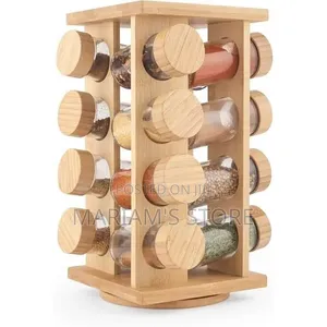 Rotating Bamboo Spice Rack With Either 16 or 20 Glass Jars