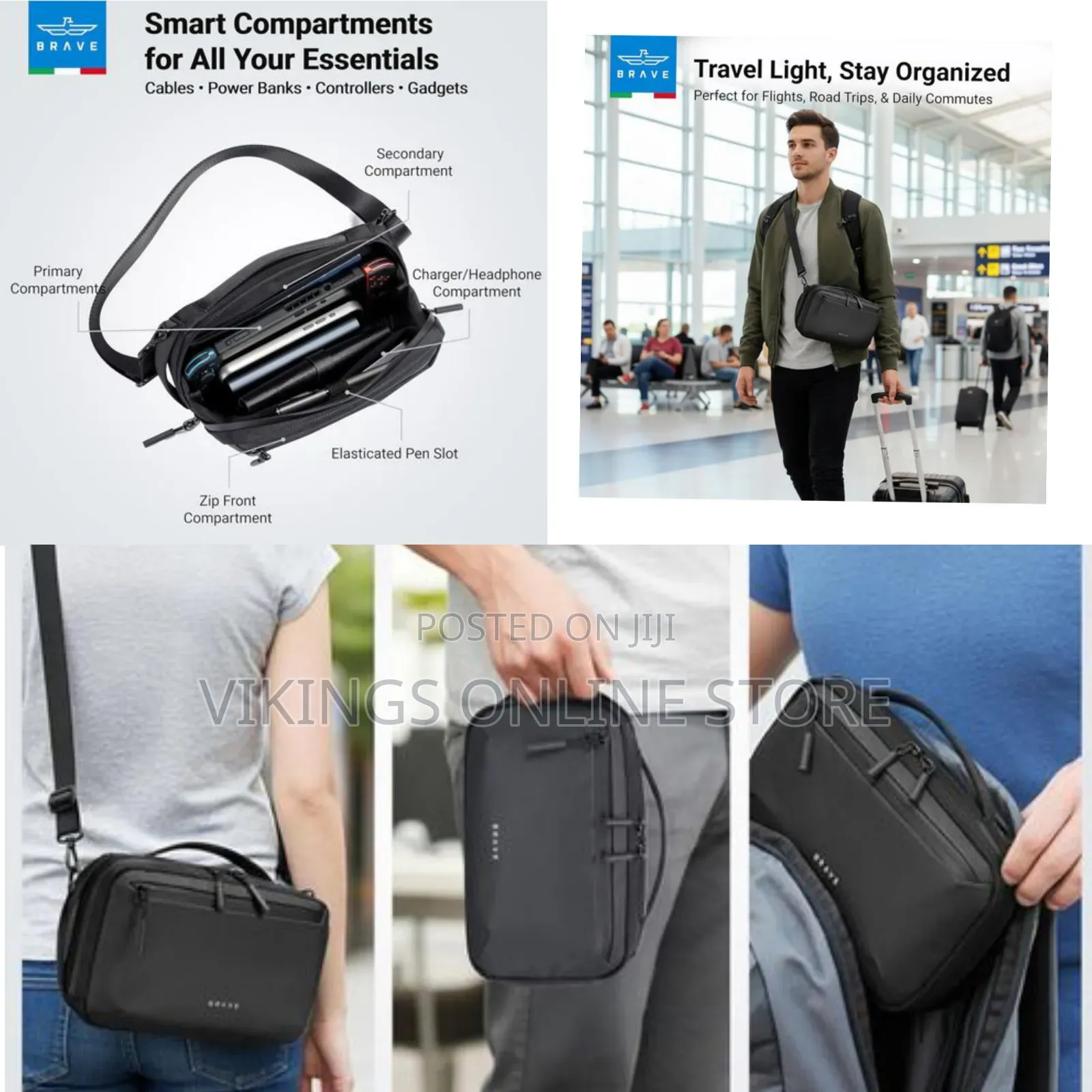 BRAVE Tech Pouch With Shoulder Strap Dual Handles Slim 9cm