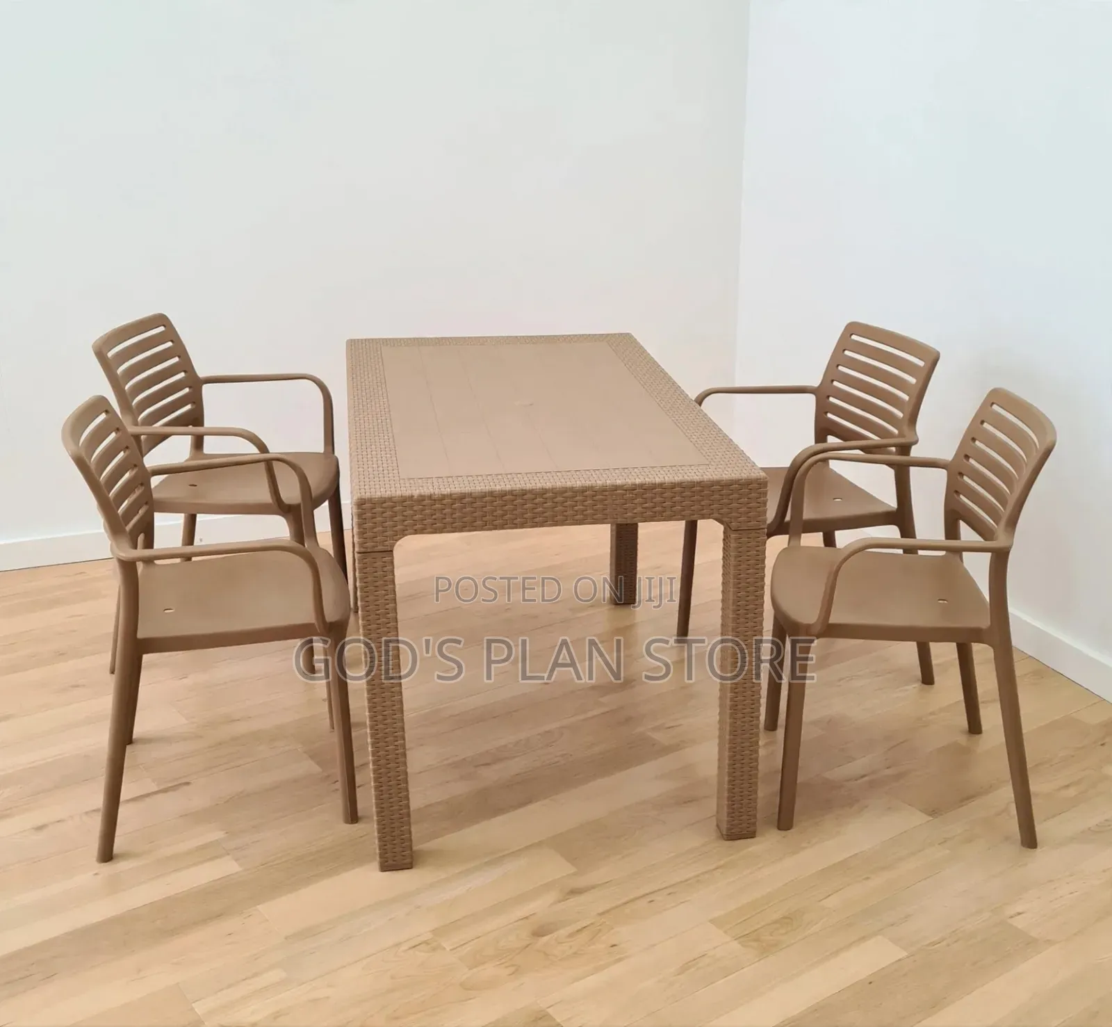 4 Seater Beige Plastic Table and Chairs Set for Restaurant Dining
