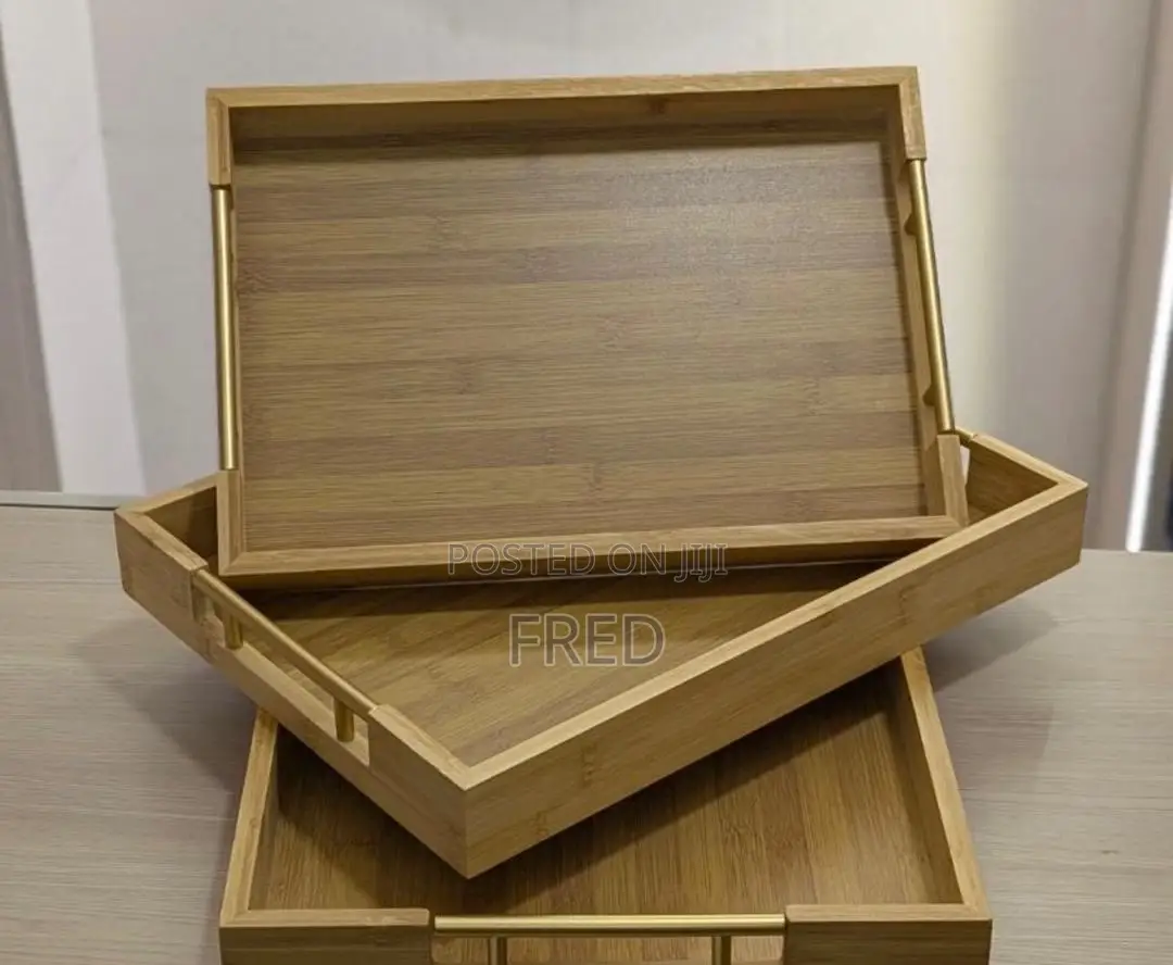 Three Rectangular Bamboo Serving Trays With a Metal Handle