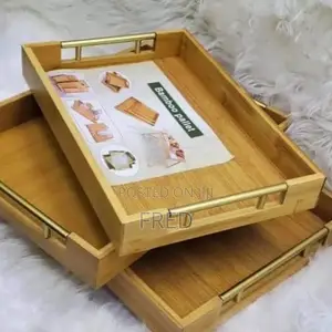 Three Rectangular Bamboo Serving Trays With a Metal Handle