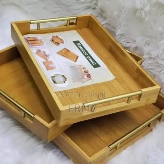 Three Rectangular Bamboo Serving Trays With a Metal Handle