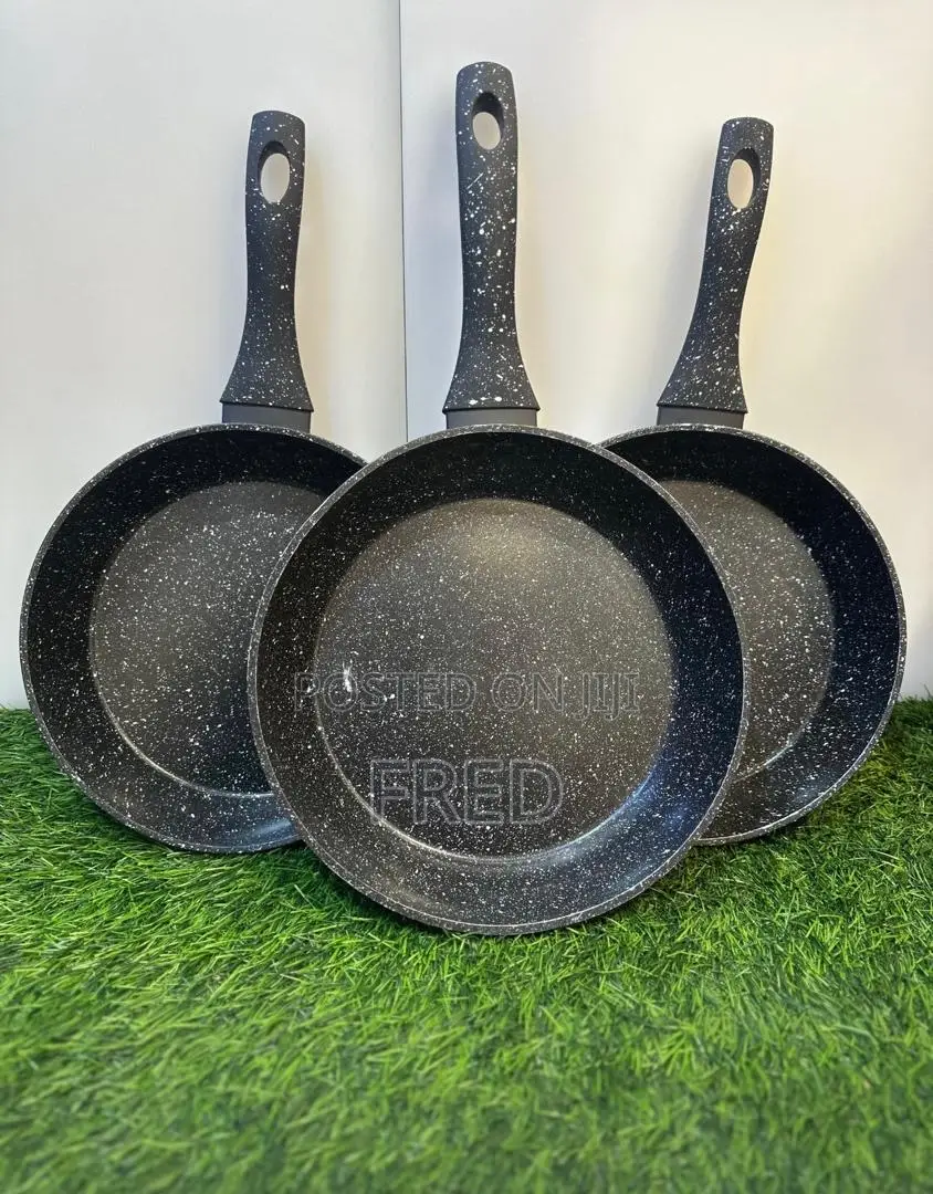 Non-Stick Frying Pans With Black Granite-Effect Speckled Finish.