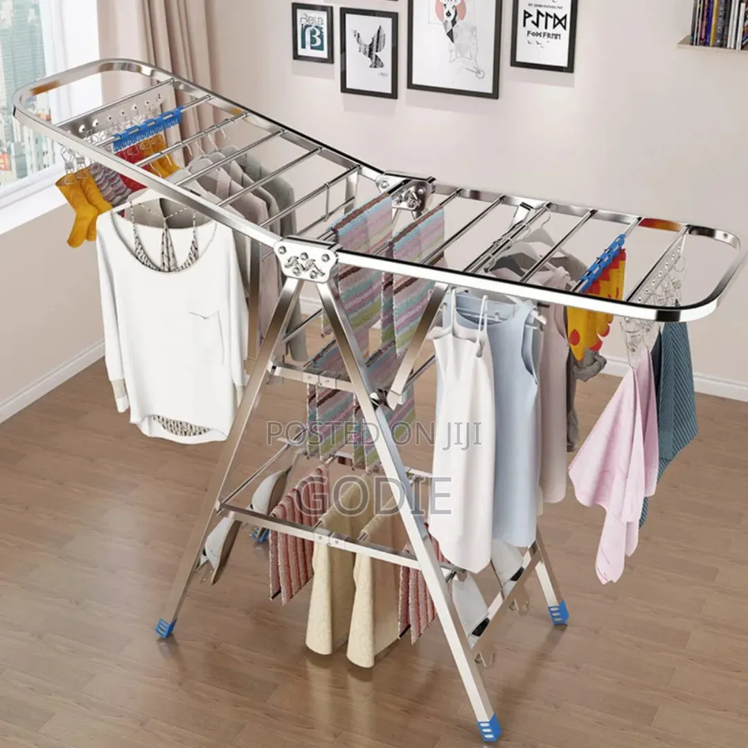 Foldable 3-Tier Stainless Steel Clothes Drying Rack With Wheels.