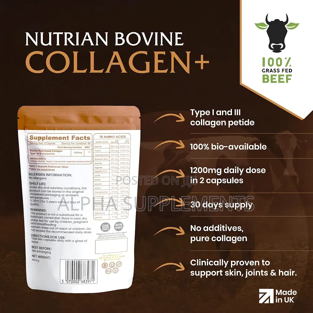 Collagen+ |Bovine Collagen Peptides. 60 Capsules ( 1 Month Supply)