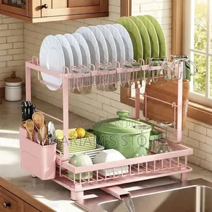 2-Tier Dish Drying Rack Features a Metal Frame and a Drainage Tray
