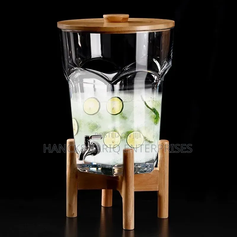 Glass Beverage Dispenser With Wooden Lid and Stand.