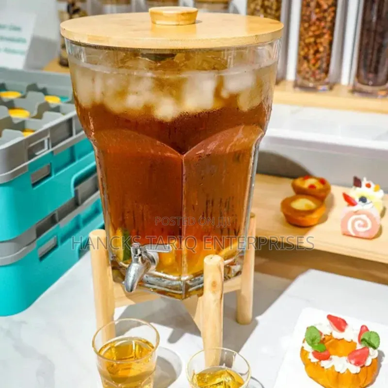 Glass Beverage Dispenser With Wooden Lid and Stand.