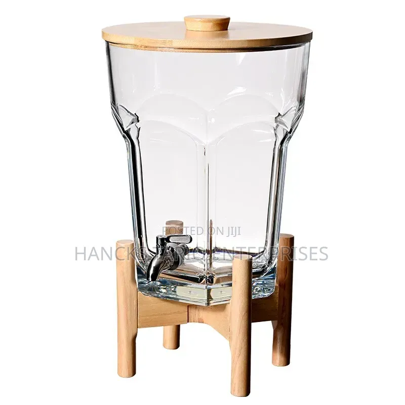 Glass Beverage Dispenser With Wooden Lid and Stand.