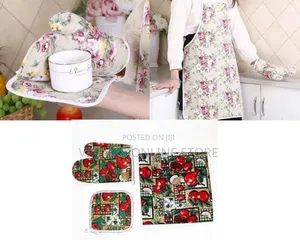 3Pc Kitchen Apron Heat Proof Microwave Oven Gloves Heating Pad Pot