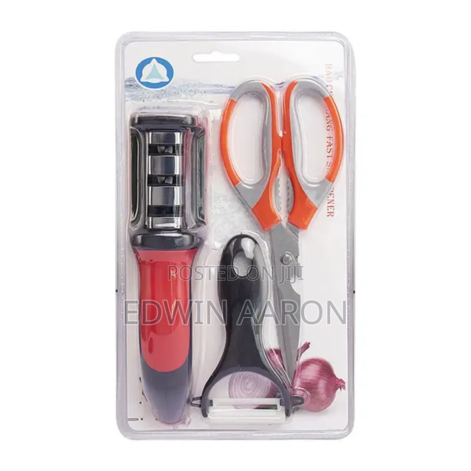 Kitchen Utility Set With Knife Sharpener, Pair of Scissors and Peeler