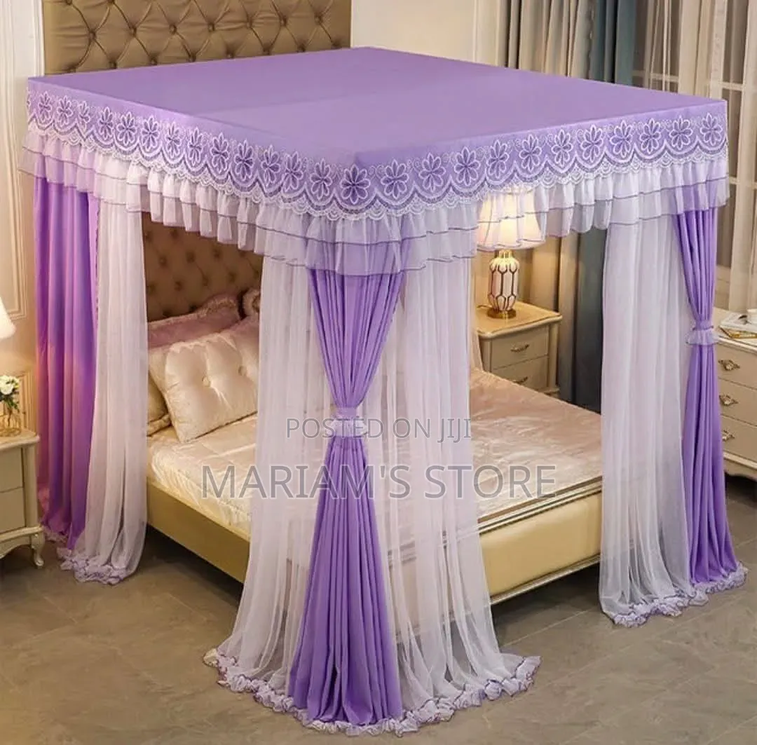 4-Stand Bed Canopy ,A Decorative Lace Top and Flowing White Curtains.