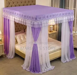 4-Stand Bed Canopy ,A Decorative Lace Top and Flowing White Curtains.