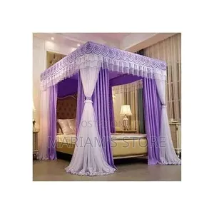 4-Stand Bed Canopy ,A Decorative Lace Top and Flowing White Curtains.