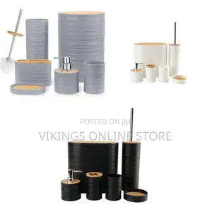 6 Piece Bamboo Bathroom Accessories Set With Bath Brush Soap Dispenser