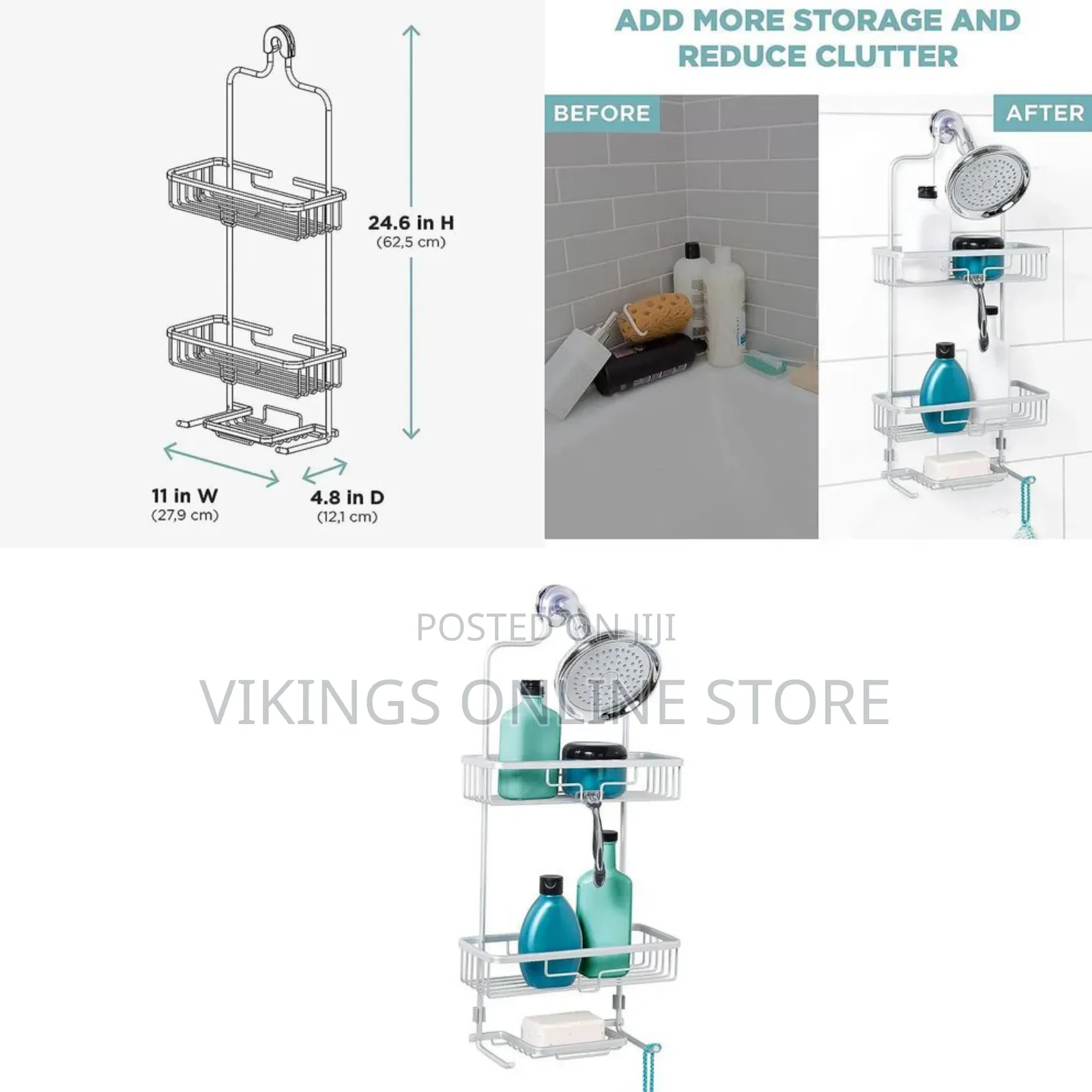 3 Tier Aluminium Shower Caddy Hanging Bathroom Organizer Rack With 2