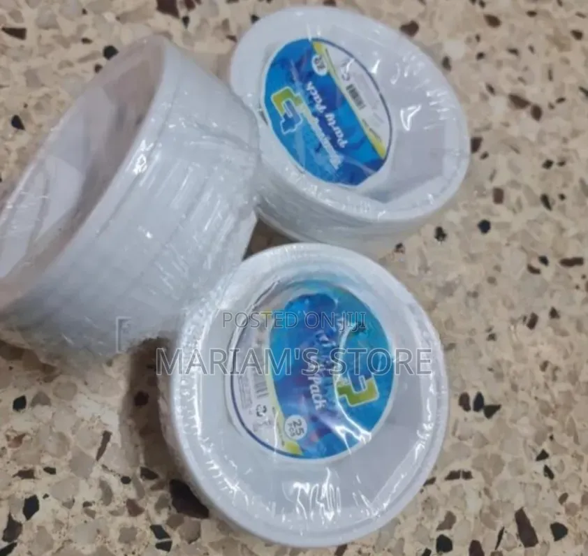 Set of White, Disposable Plastic Plates Packaged for Party Use.