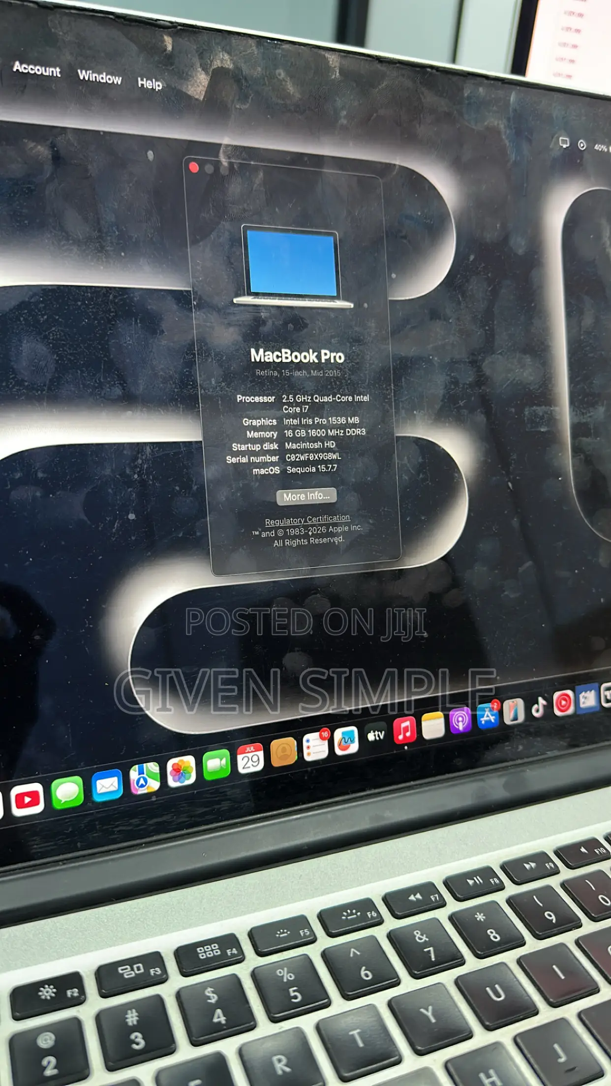 Laptop Apple MacBook Pro 16GB Intel Core i7 SSD 256GB
