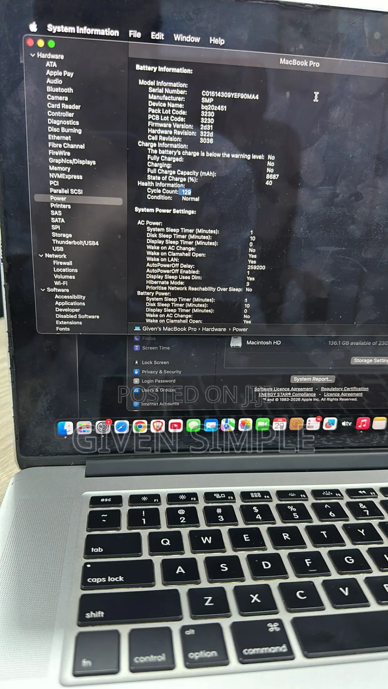 Laptop Apple MacBook Pro 16GB Intel Core i7 SSD 256GB