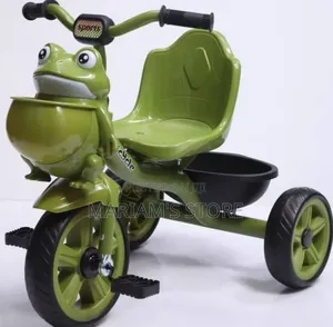 Tricycle in a Green Plastic Frog-Shaped Front Basket