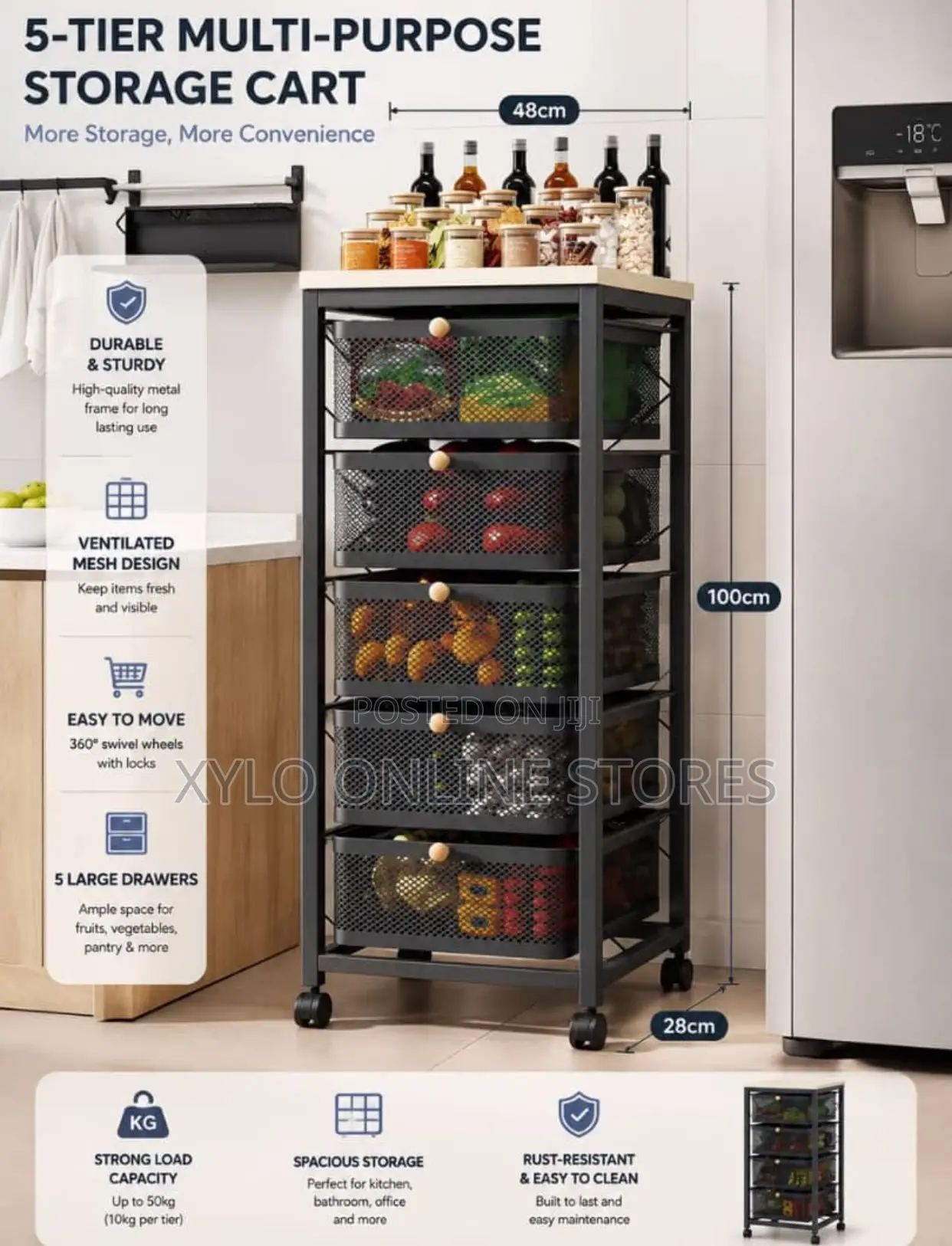 A 5 Tier Storage Rolling Rack Black