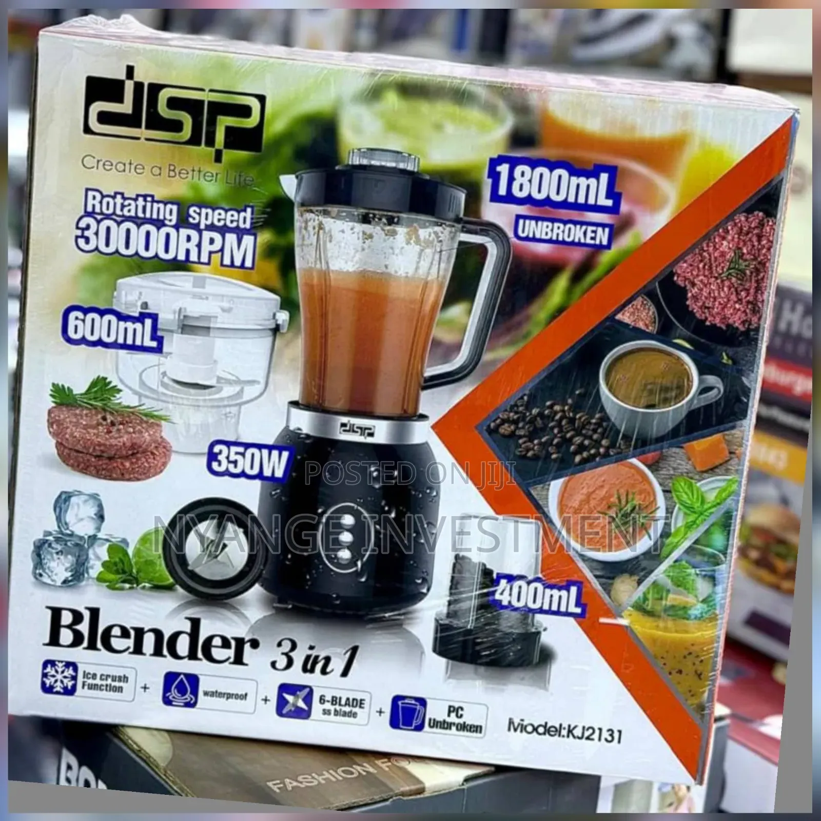 DSP Model KJ2131 3-in-1 Blender With a Black Base, a Large 1800mL Jar.