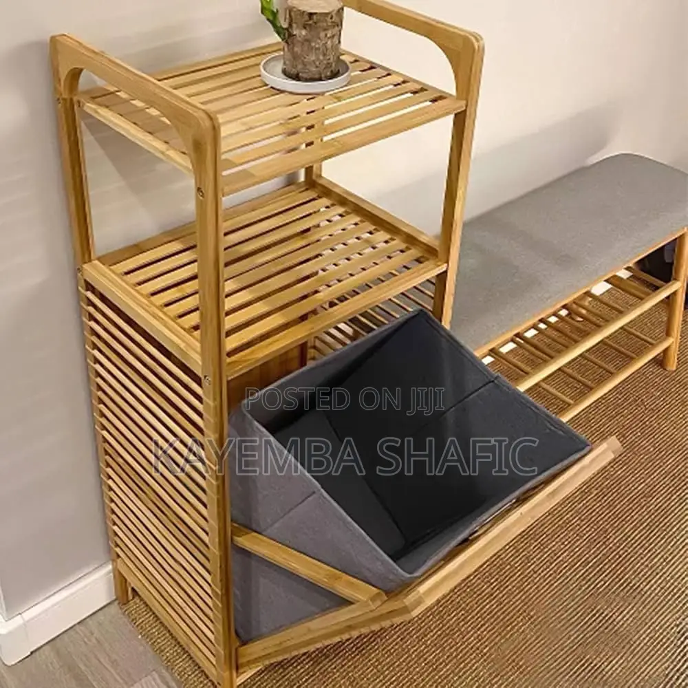 Tilt-Out Bamboo Laundry Hamper Rack With 3-Tier Storage Shelves
