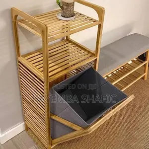 Tilt-Out Bamboo Laundry Hamper Rack With 3-Tier Storage Shelves