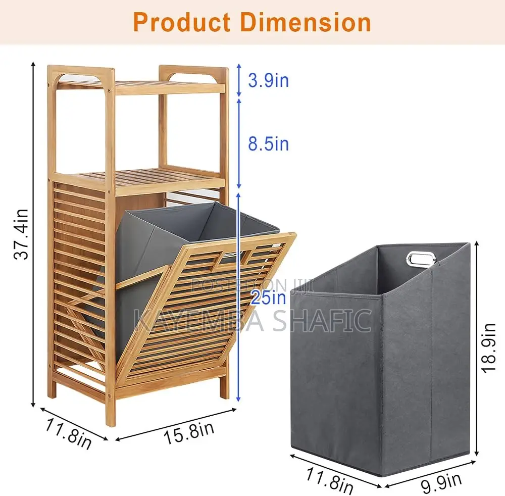 Tilt-Out Bamboo Laundry Hamper Rack With 3-Tier Storage Shelves