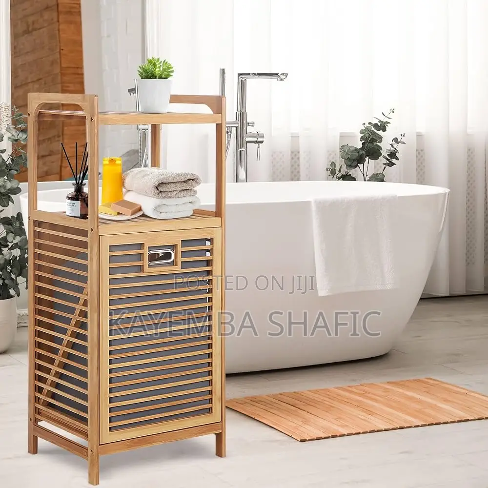 Tilt-Out Bamboo Laundry Hamper Rack With 3-Tier Storage Shelves