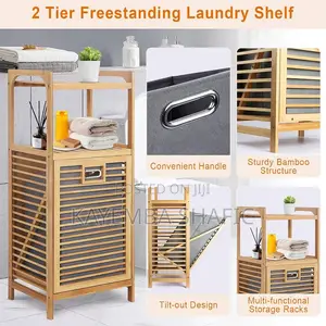 Tilt-Out Bamboo Laundry Hamper Rack With 3-Tier Storage Shelves