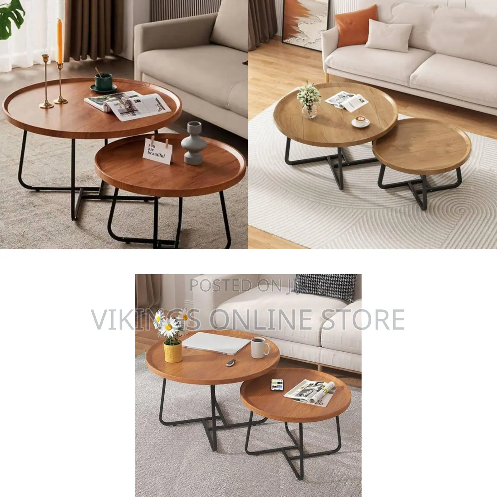 Industrial Rustic Wood Coffee Table Set of 2 Nesting Round End Tables