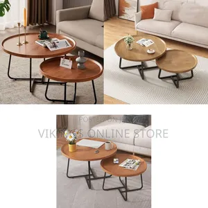 Industrial Rustic Wood Coffee Table Set of 2 Nesting Round End Tables