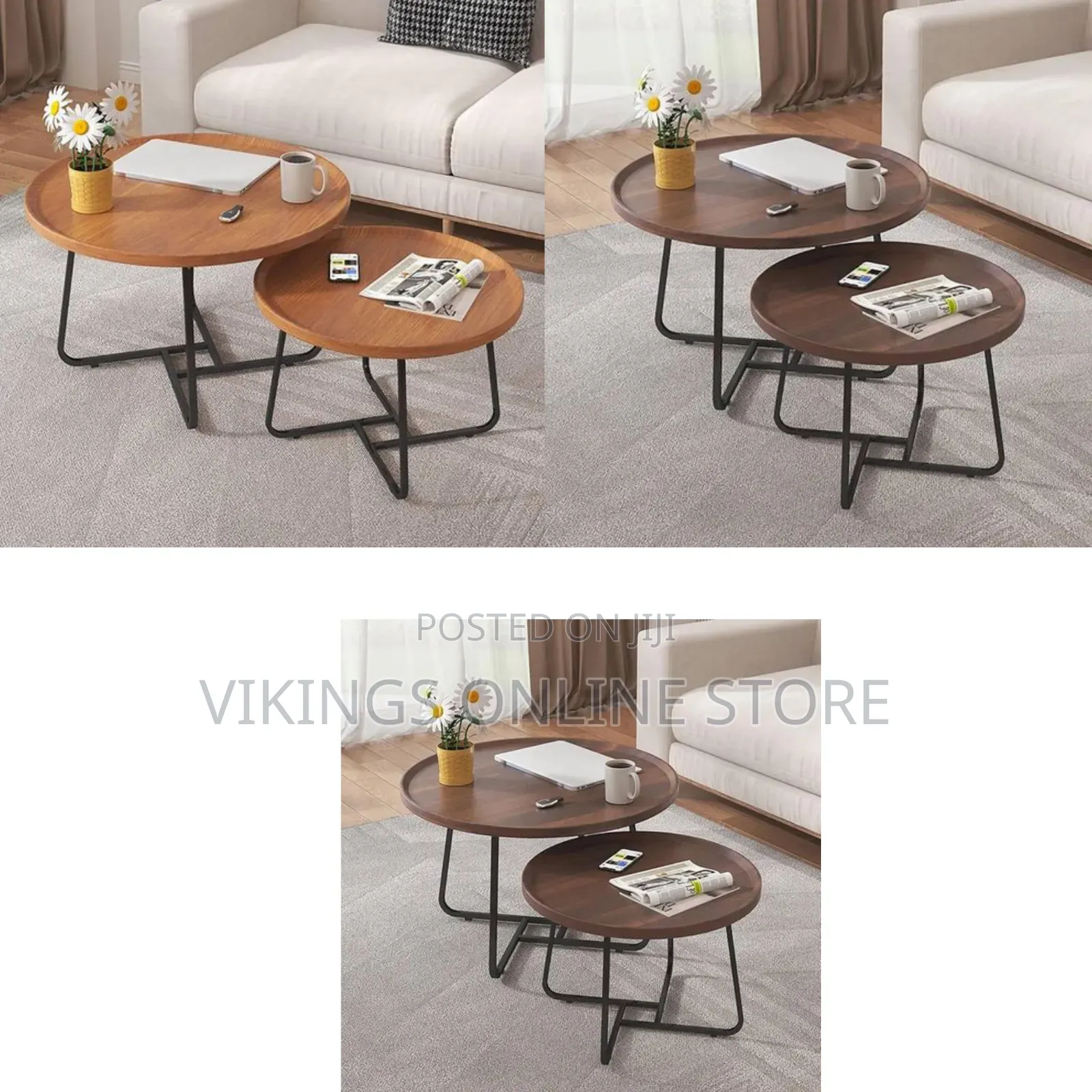 Industrial Rustic Wood Coffee Table Set of 2 Nesting Round End Tables