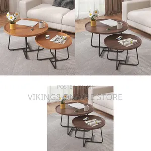 Industrial Rustic Wood Coffee Table Set of 2 Nesting Round End Tables